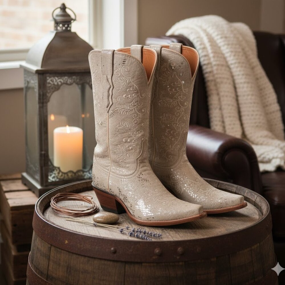 Lucchese 1883 Beige Champagne Python Metallic Print Suede Cowboy Boots 6C